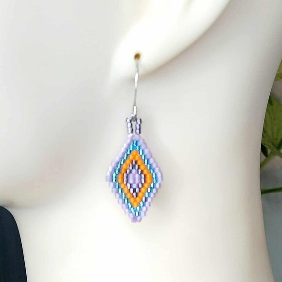 Boho Chic Beaded Dangle Earrings, Seed Bead Jewelry, Geometric, 2" - Picture 1 of 5